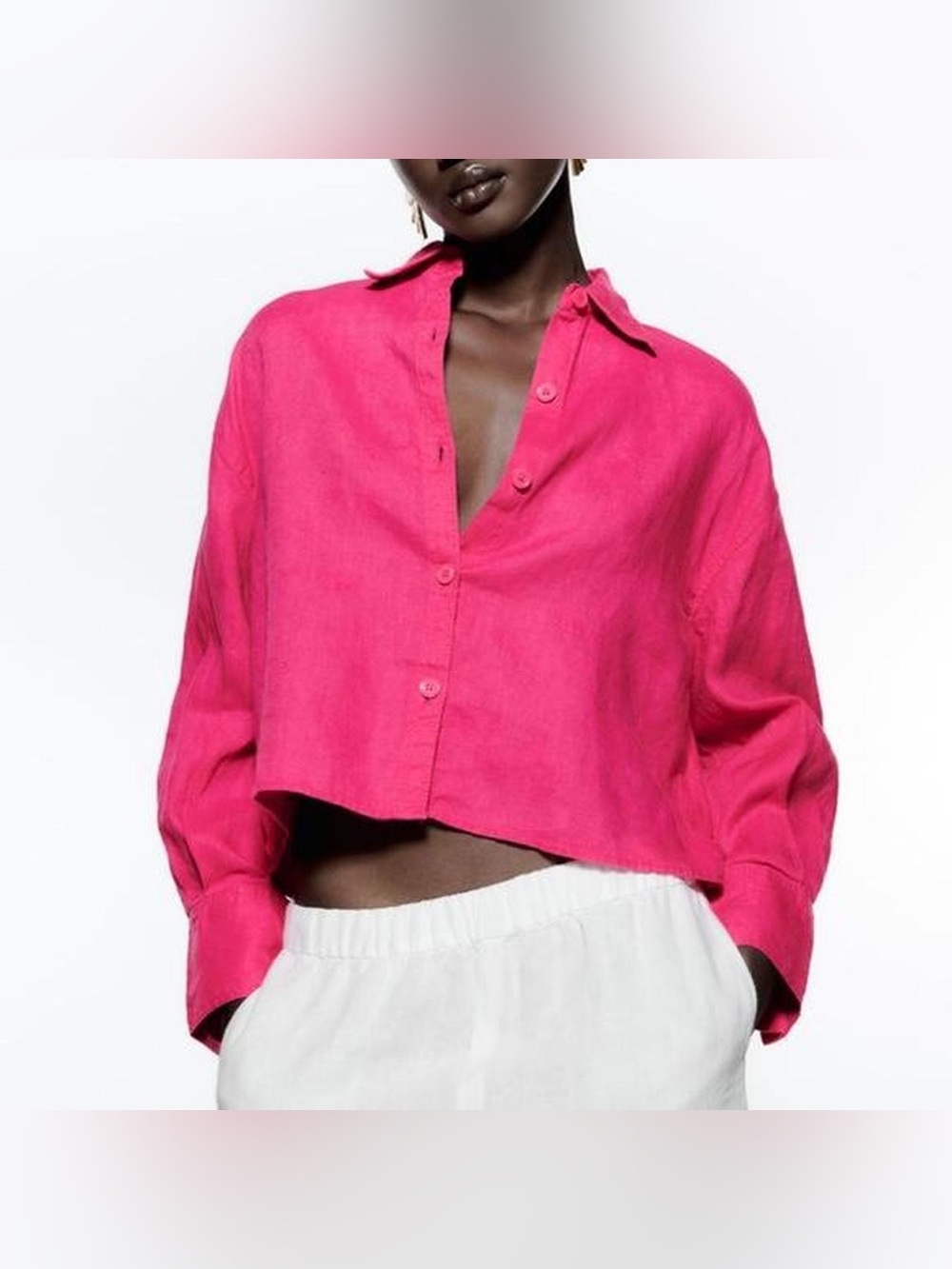 ZARA Fuchsia Pink 100% Linen Cropped Button Down Shirt NWT M - Picture 1 of 8